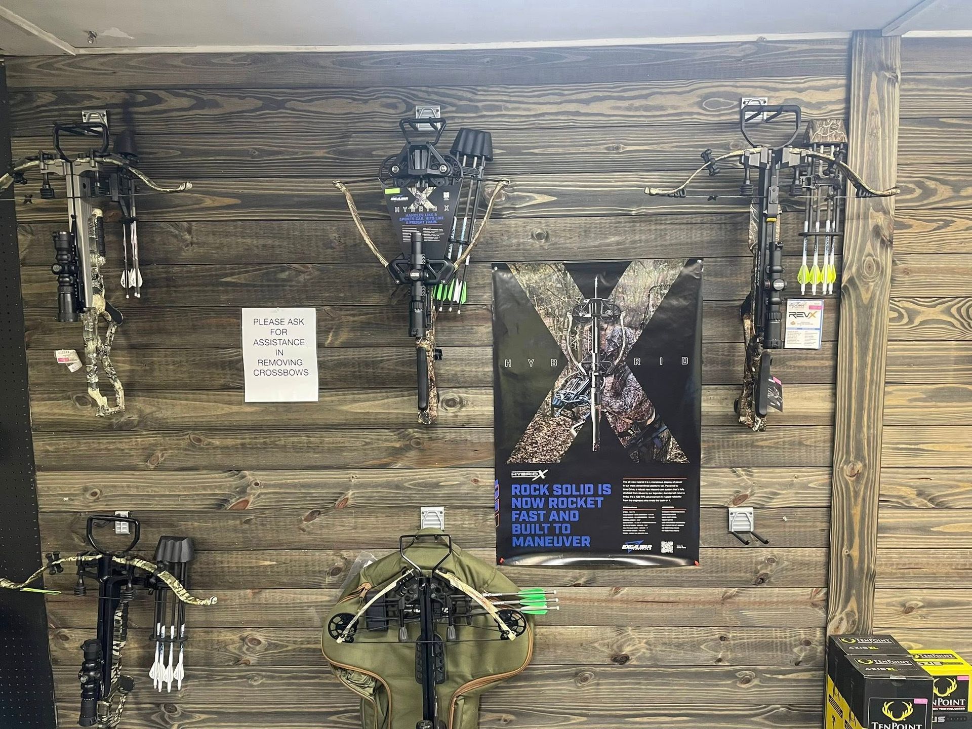 Crossbows and equipment displayed on a wooden wall in a store.