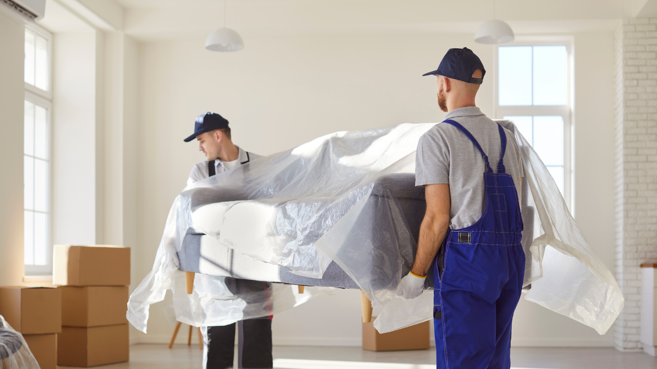 Two movers in blue coveralls and hats carrying a plastic-wrapped couch in a room with boxes and windows.