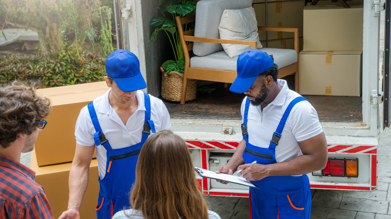 Movers in blue uniforms with customers next to truck, reviewing paperwork.