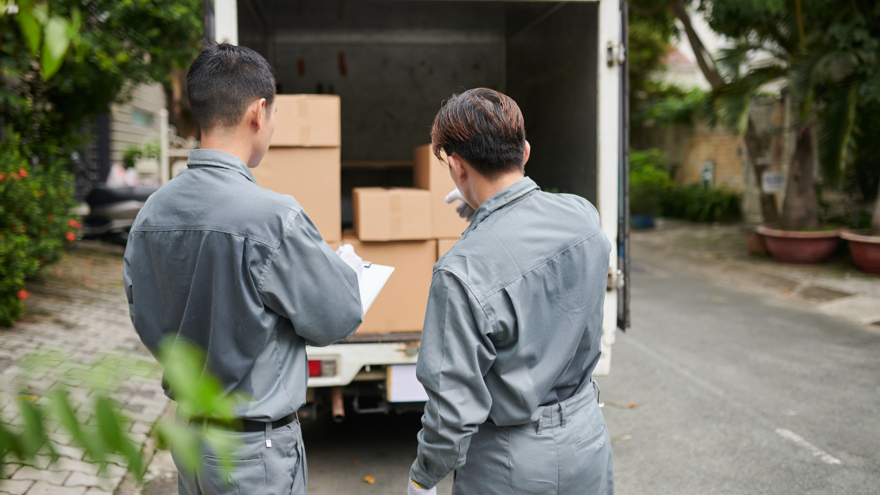 Two men loading appliances into a moving truck in a residential area.