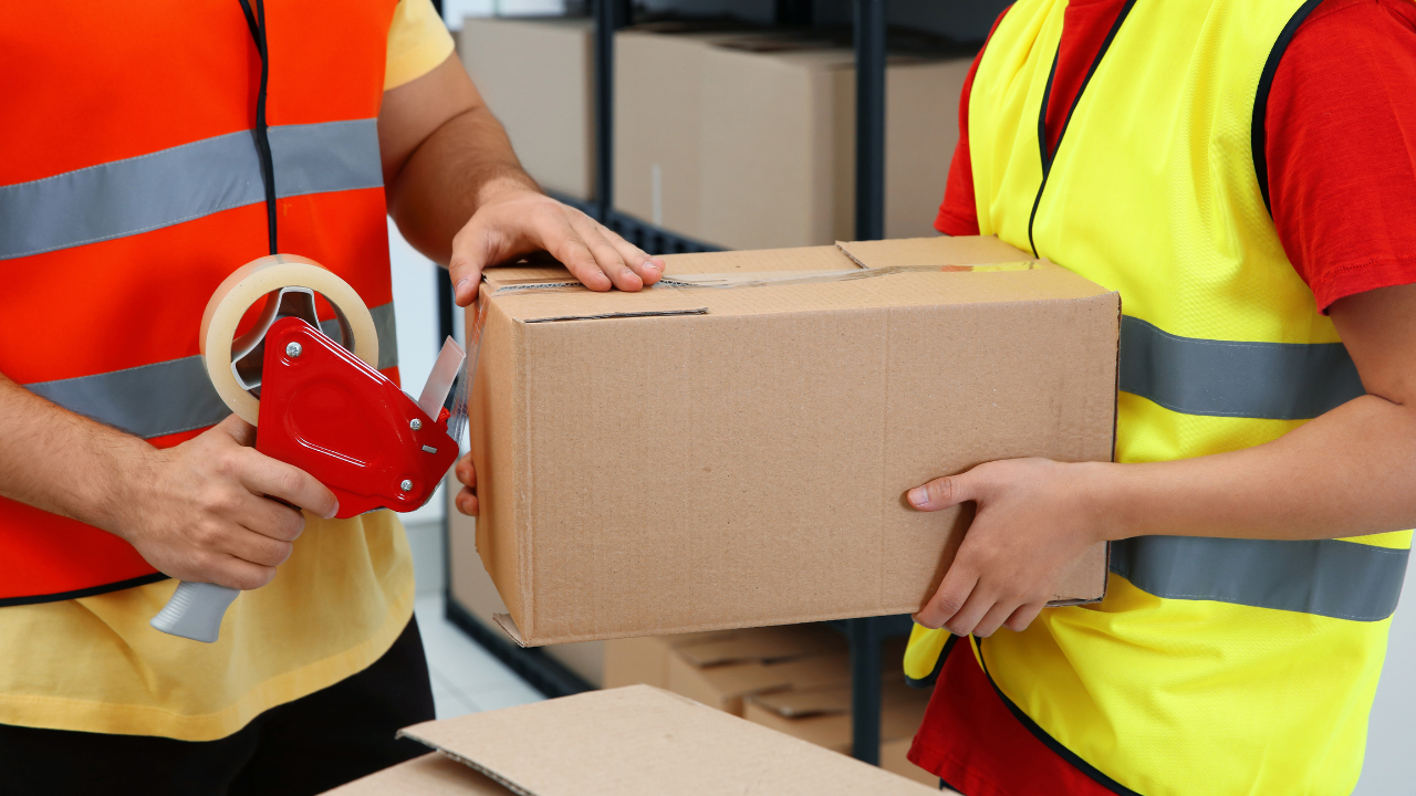 Two people wearing safety vests taping a cardboard box in a warehouse setting.