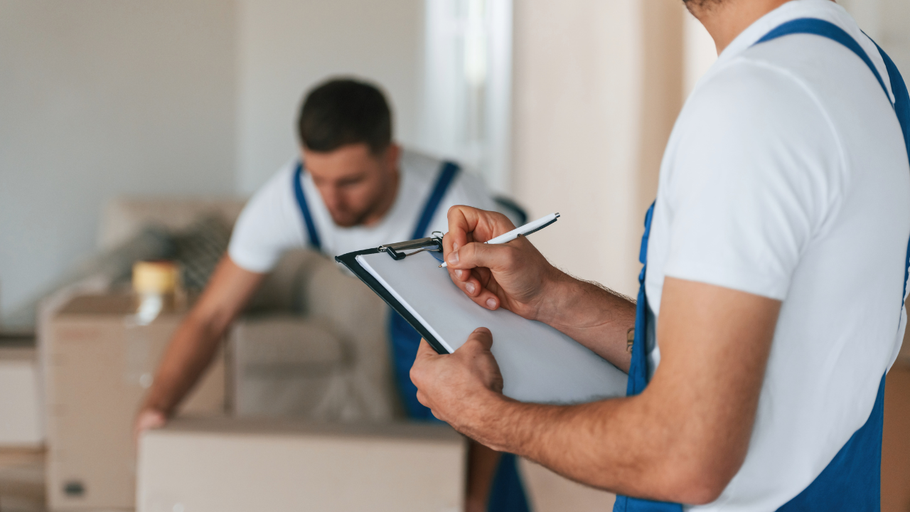 Movers packing belongings; one writes on a clipboard, the other carries a box in a room.