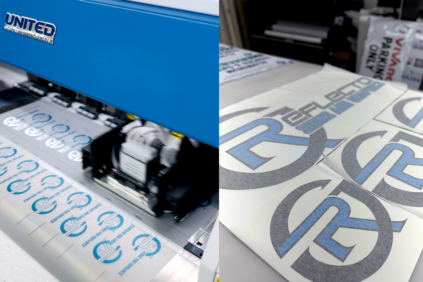 An embroidery machine stitching a colorful, multi-letter logo onto dark fabric.
