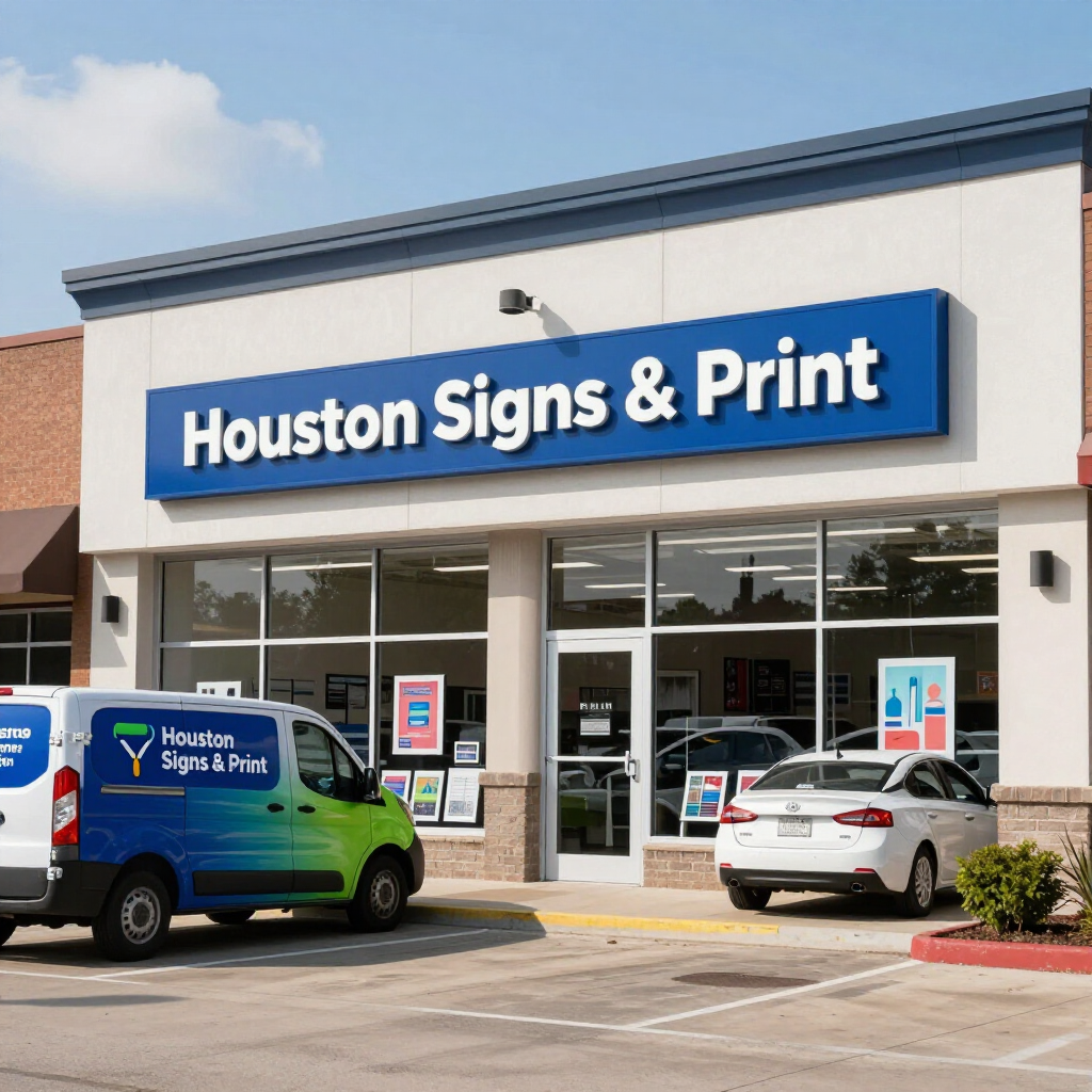 Storefront for Houston Signs & Print, featuring a blue sign, a branded van, and a white sedan in the parking lot.