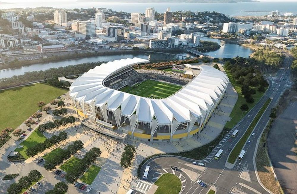 Aerial view of a modern stadium with white roof and seating, next to a river and city — Nick Favot Painting in Bohle, QLD