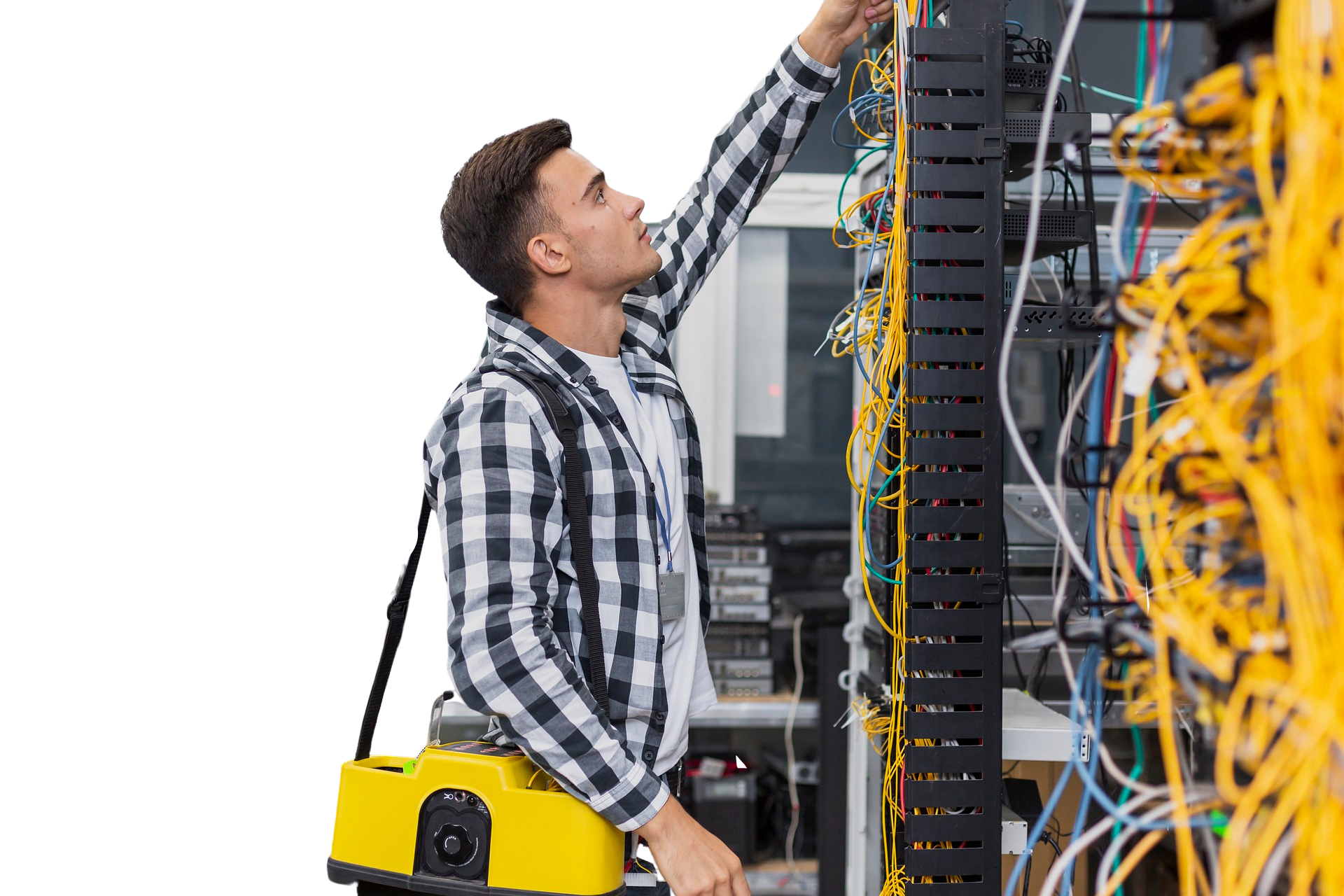 man connecting checking internet cabling