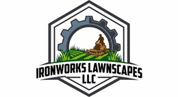 Ironworks Lawnsapes LLC logo with gear, grass, brown stumps, and hexagonal frame