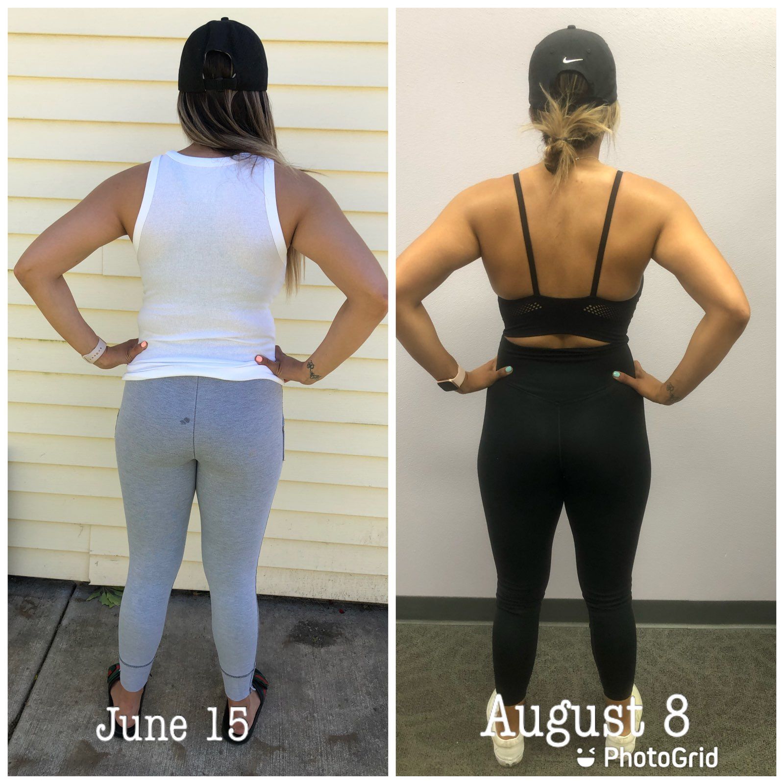 A picture of a woman 's back from june 15 and august 8