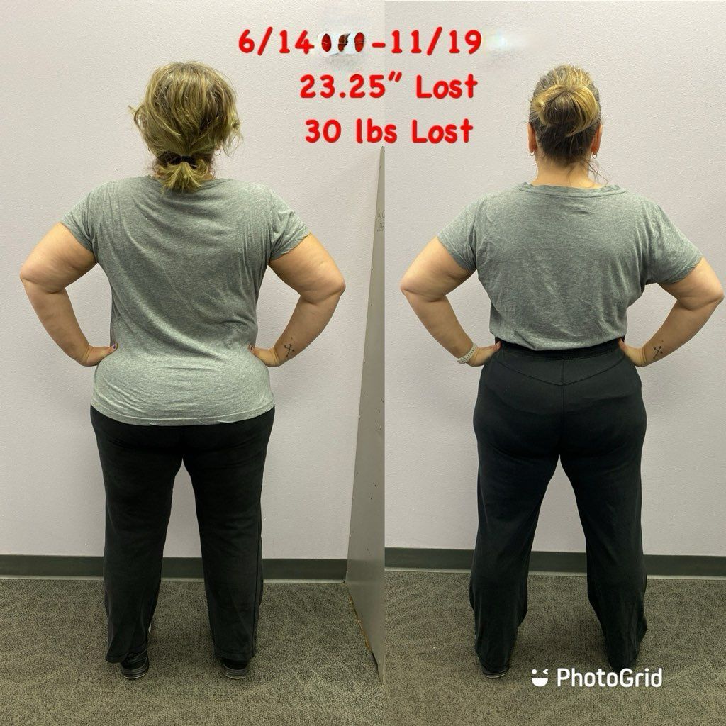 A woman is standing in front of a wall and has lost 30 lbs