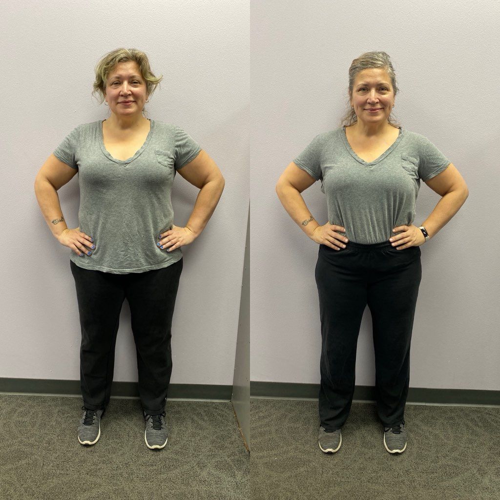 A before and after photo of a woman standing with her hands on her hips