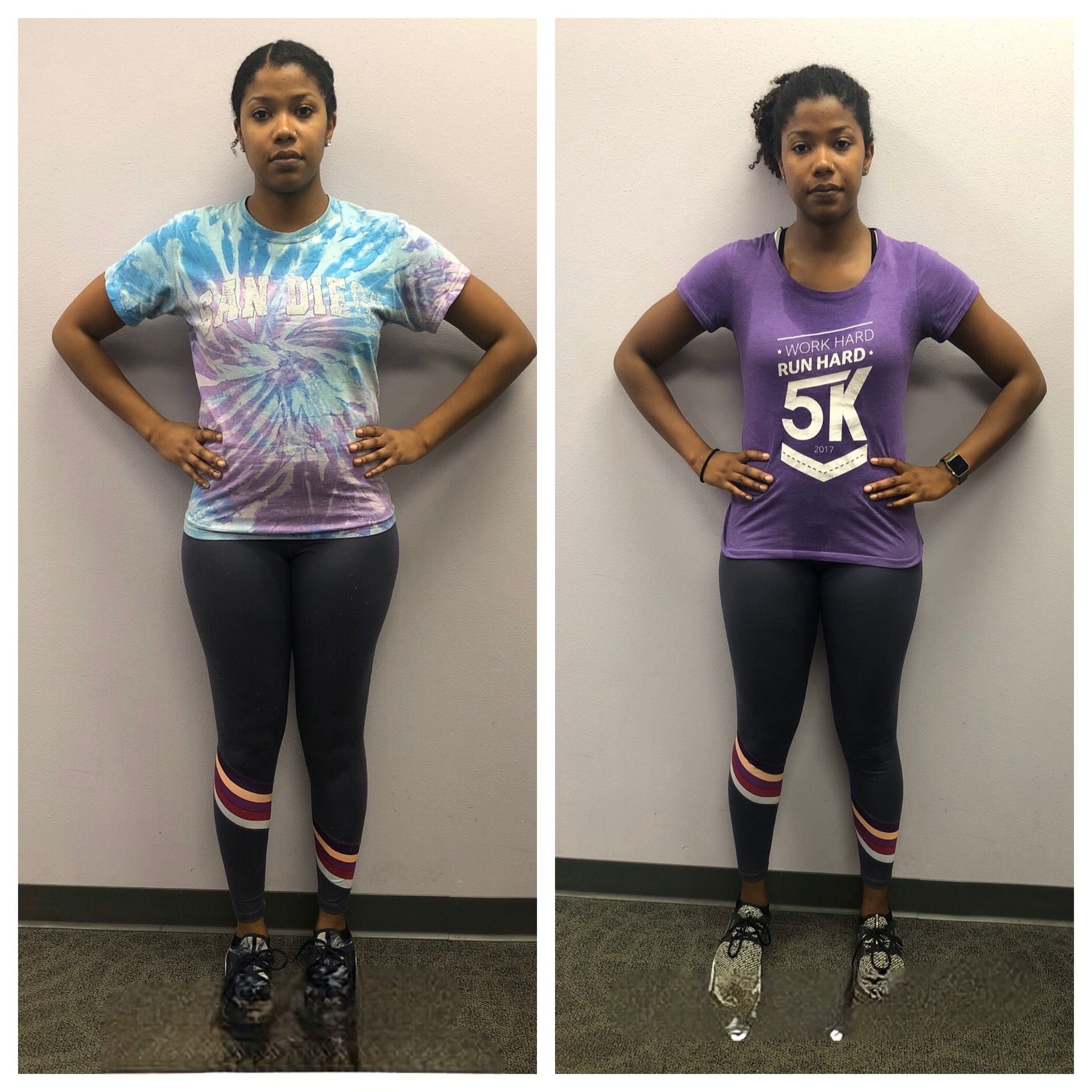 A before and after photo of a woman wearing a 5k shirt