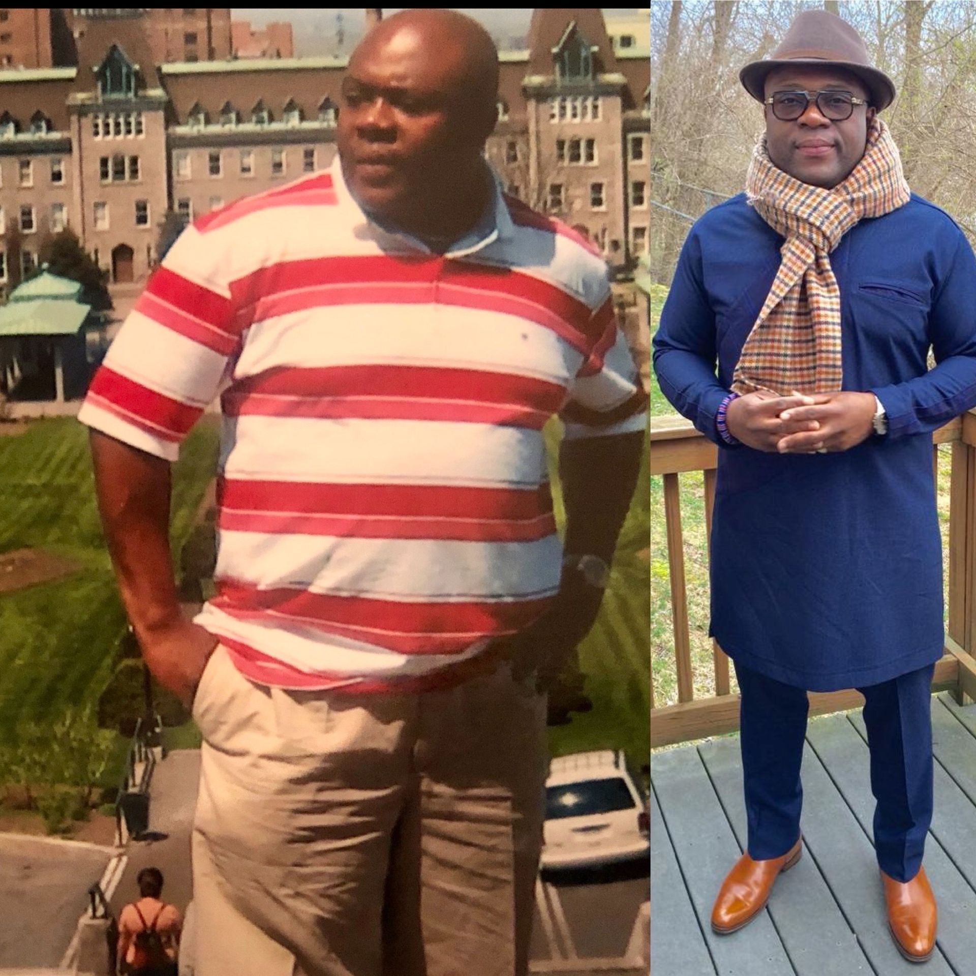 A man in a red and white striped shirt is standing next to another man in a blue shirt