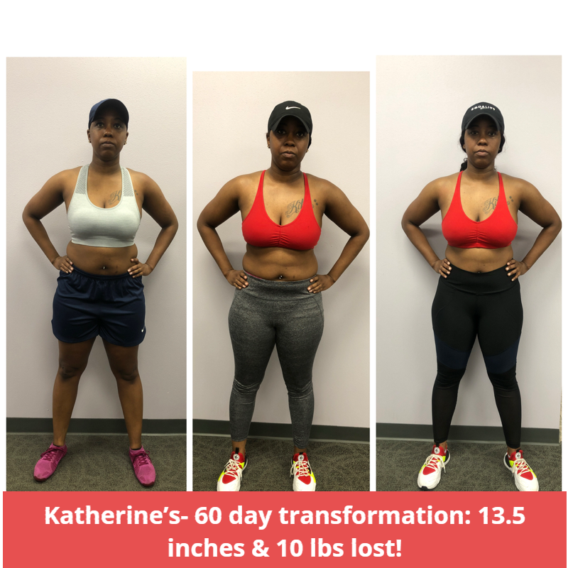 Three-panel transformation showing a woman's weight loss. She is wearing different athletic outfits and loses 13.5 inches and 10 lbs in 60 days.