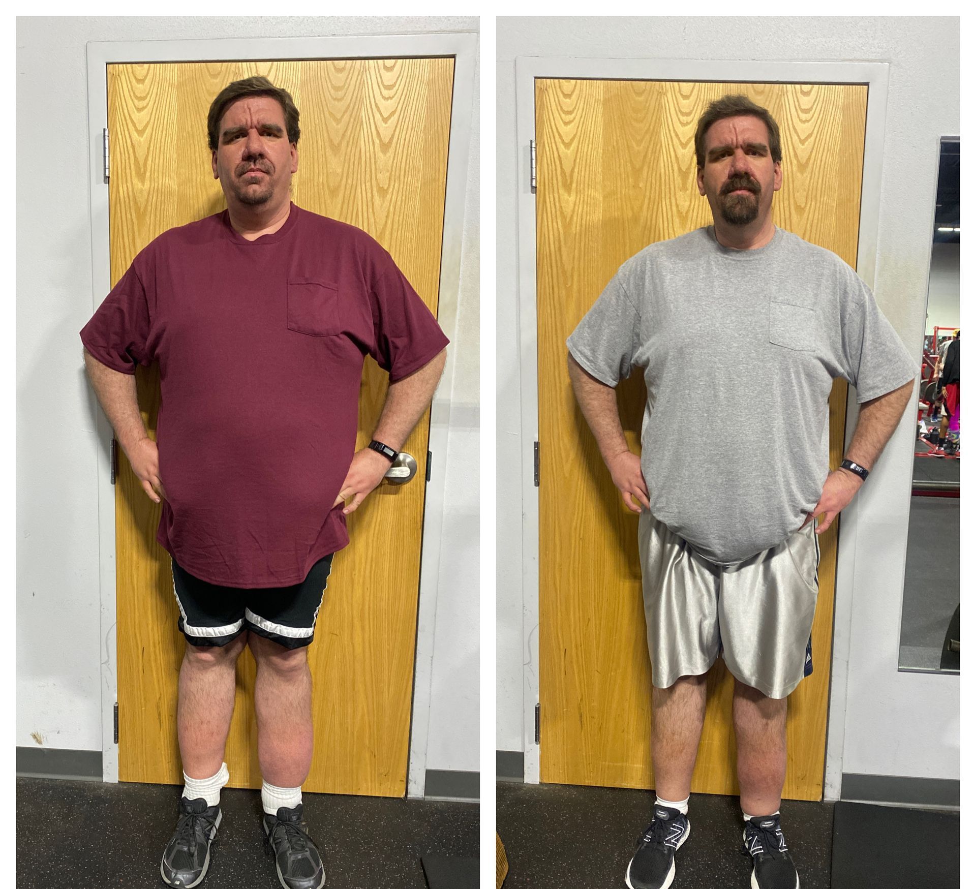 A before and after photo of a man standing in front of a door