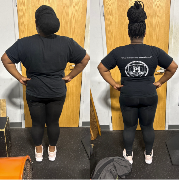 A woman wearing a black shirt that says pi on the back
