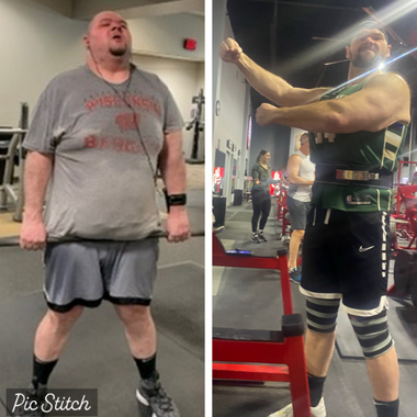 A before and after photo of a man in a gym