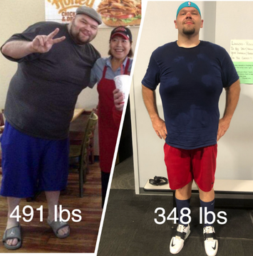A man has lost 491 lbs and is standing next to a woman