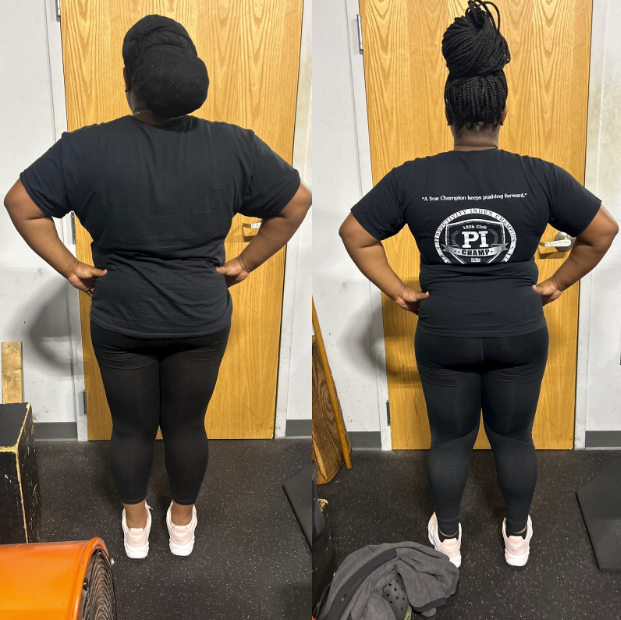 A woman wearing a black shirt with the letter pl on the back