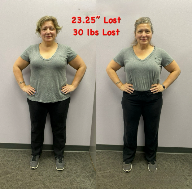 Two women are standing next to each other and one has lost 30 lbs
