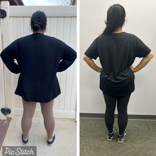 A before and after photo of a woman standing with her hands on her hips