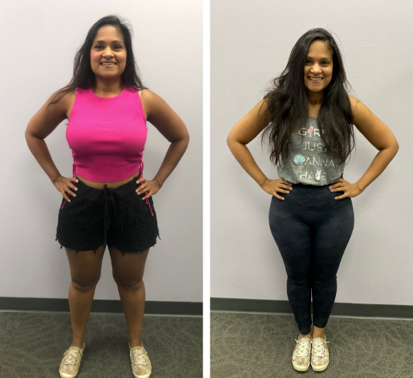 A before and after photo of a woman in a pink tank top and black shorts
