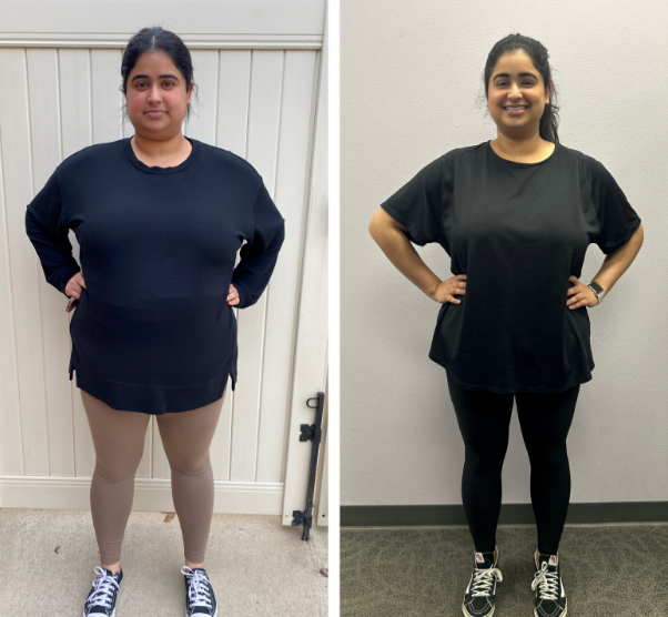A before and after photo of a woman in a black shirt
