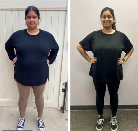 A before and after photo of a woman in a black shirt