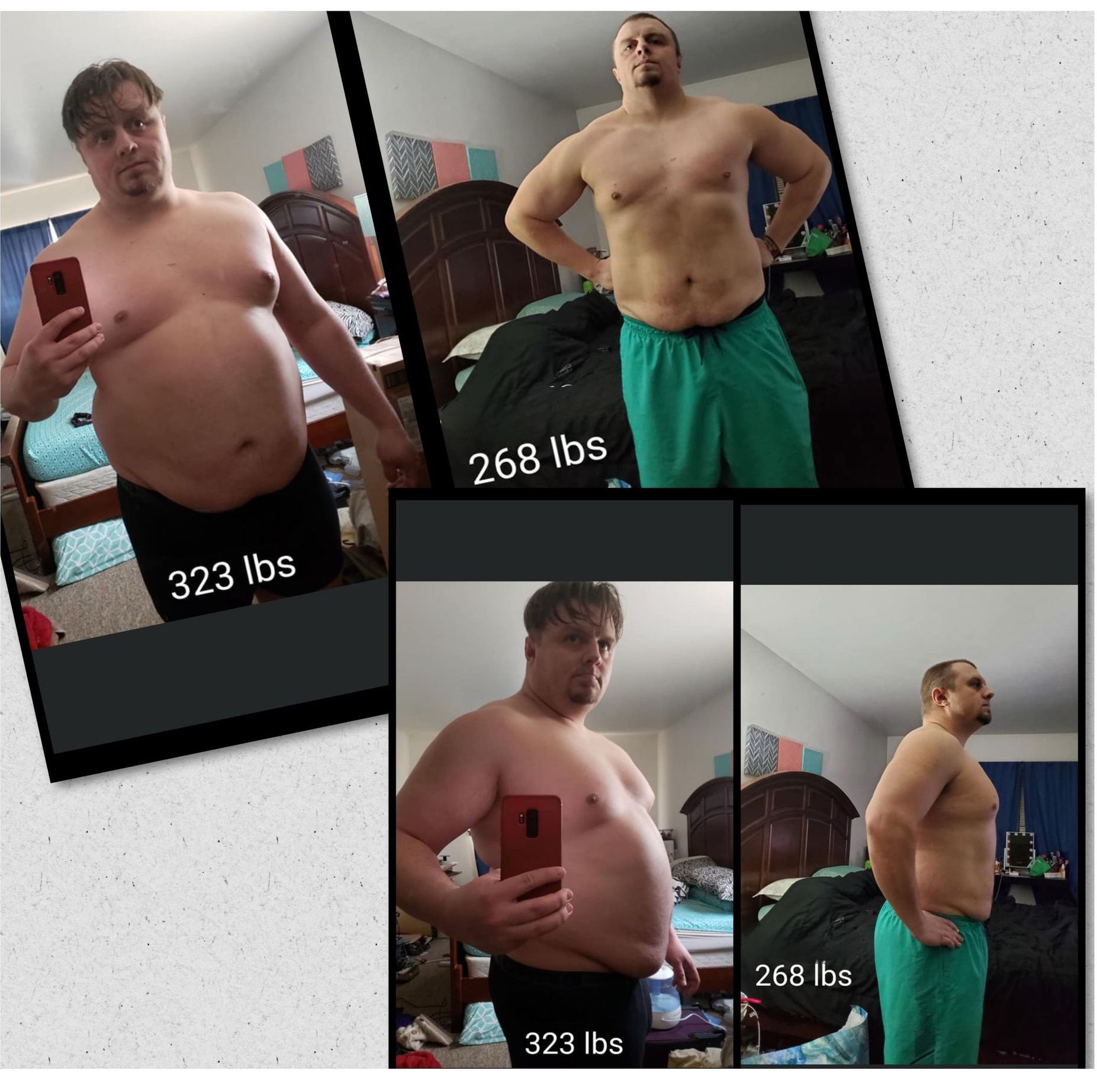 A man is taking a picture of himself in a bedroom with the words 323 lbs on the bottom