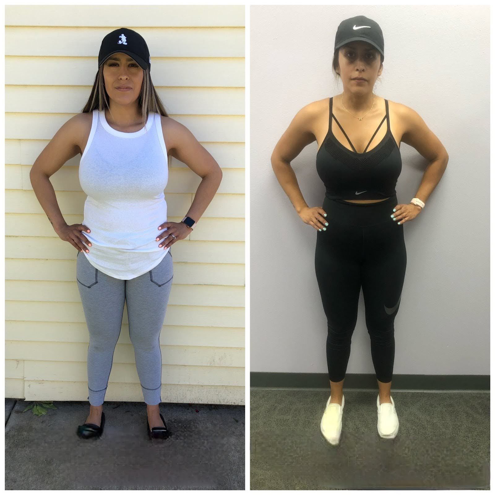 A before and after photo of a woman wearing a white tank top