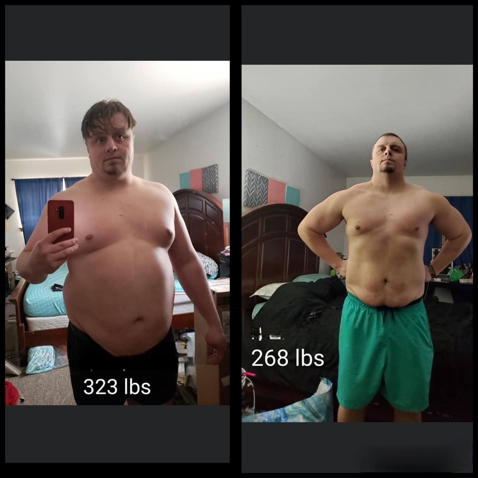 A man is taking a picture of himself before and after losing weight.