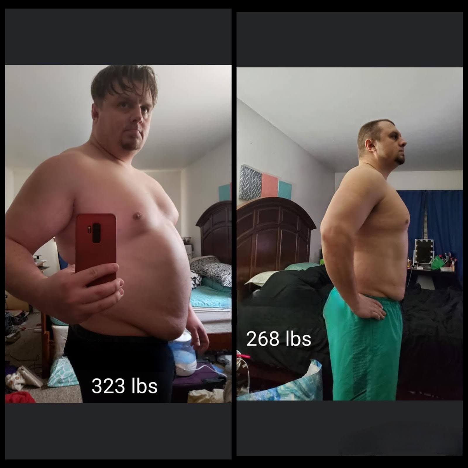 A man is taking a picture of himself before and after losing weight.