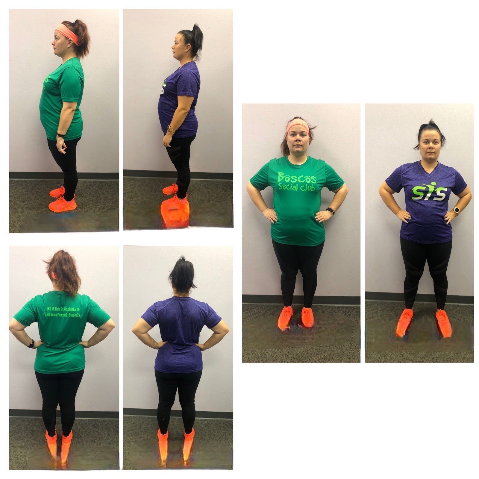 A woman in a green shirt and purple shirt is standing with her hands on her hips.