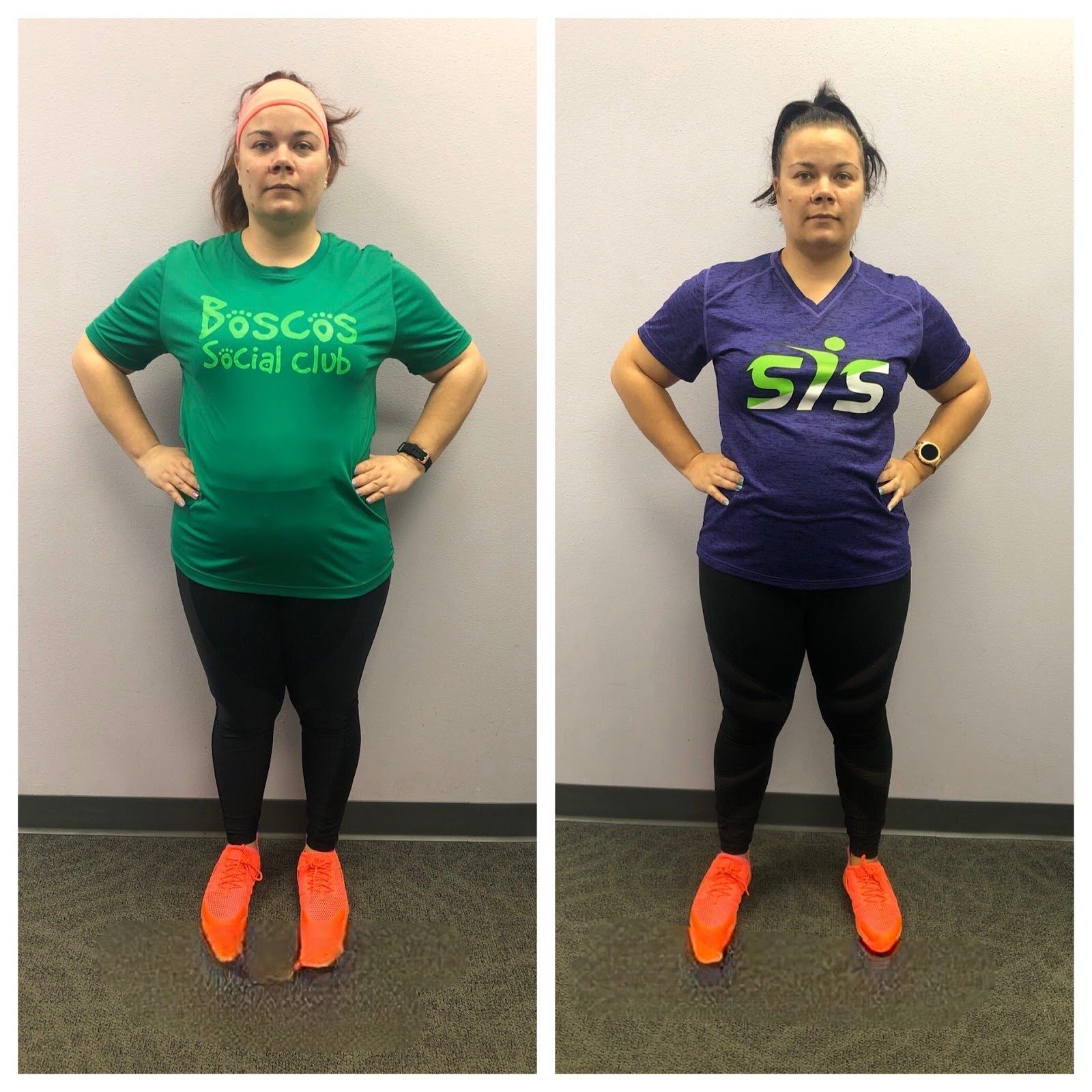 A before and after photo of a woman wearing a green shirt and a purple shirt that says sis