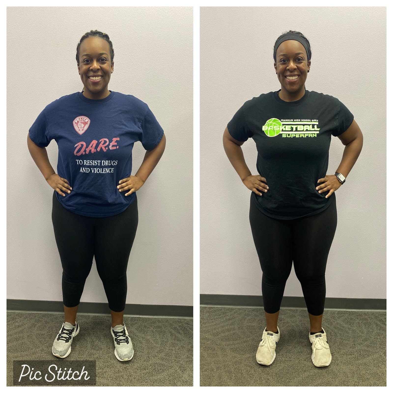 A before and after photo of a woman wearing a dare shirt
