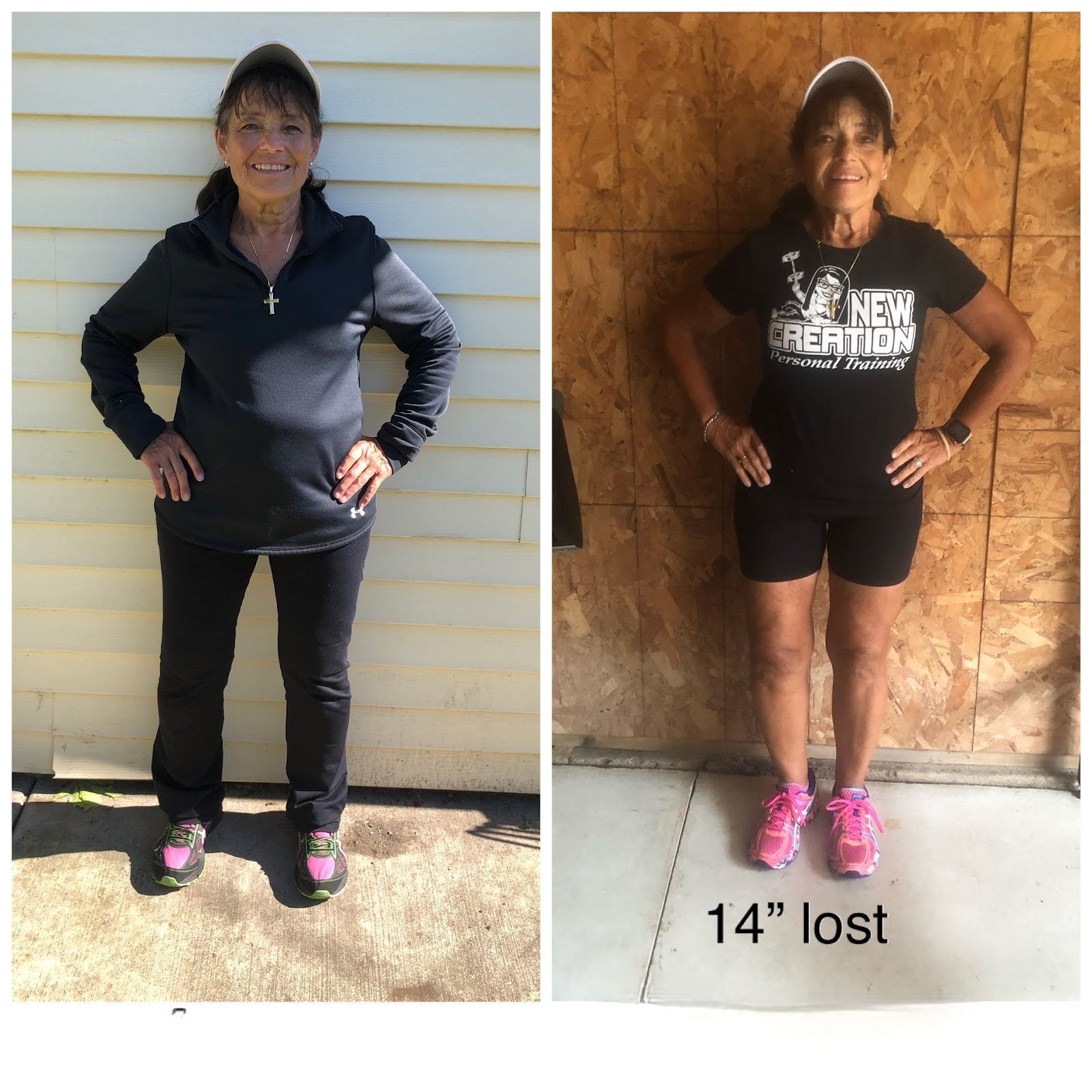 A before and after photo of a woman wearing a new operation shirt
