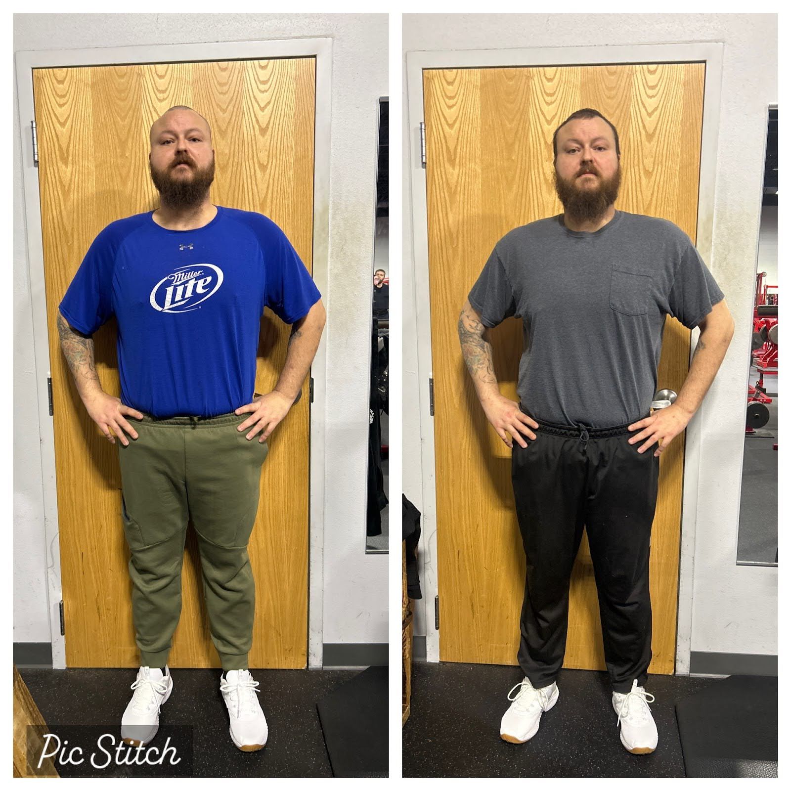 A before and after photo of a man wearing a miller lite shirt