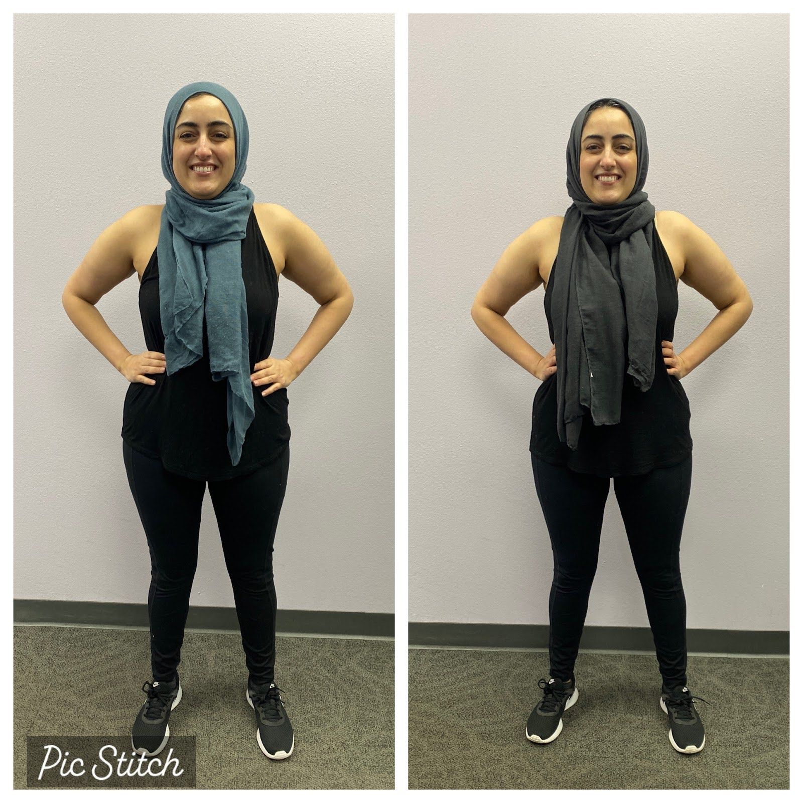 A before and after photo of a woman wearing a scarf