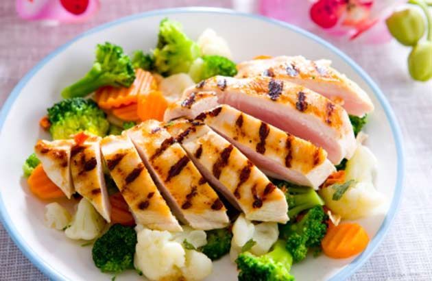 A plate of grilled chicken and vegetables on a table.