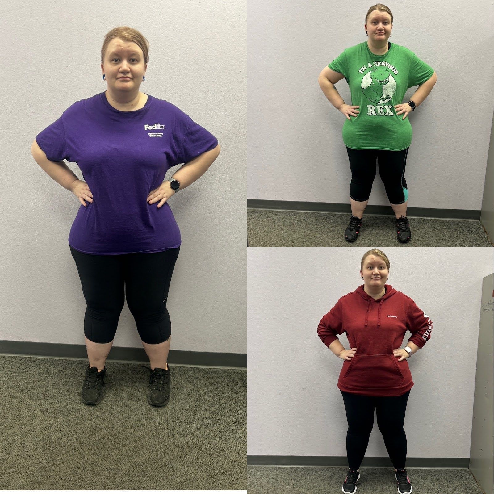A woman in a purple shirt is standing next to a green shirt and a red shirt