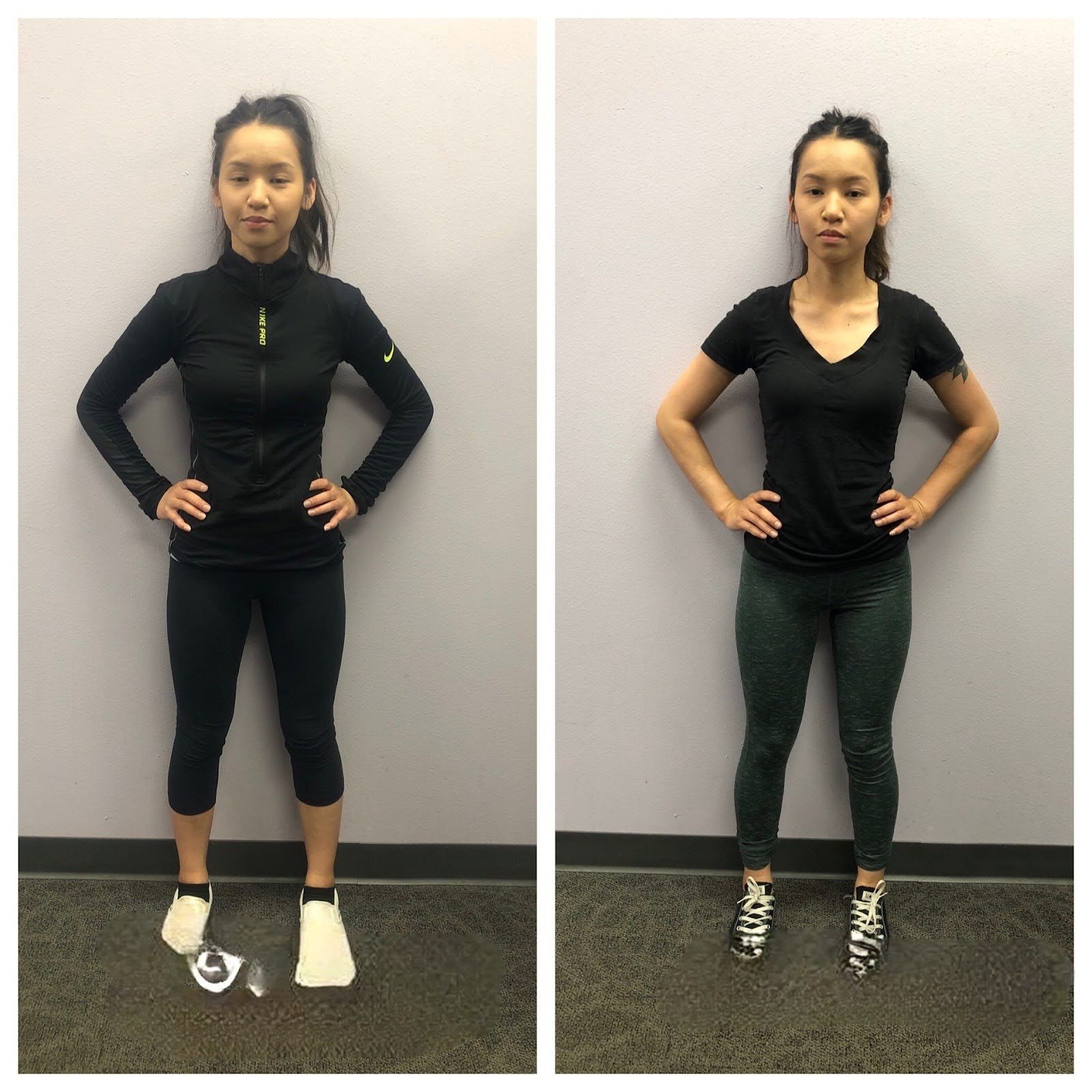 A before and after photo of a woman standing with her hands on her hips