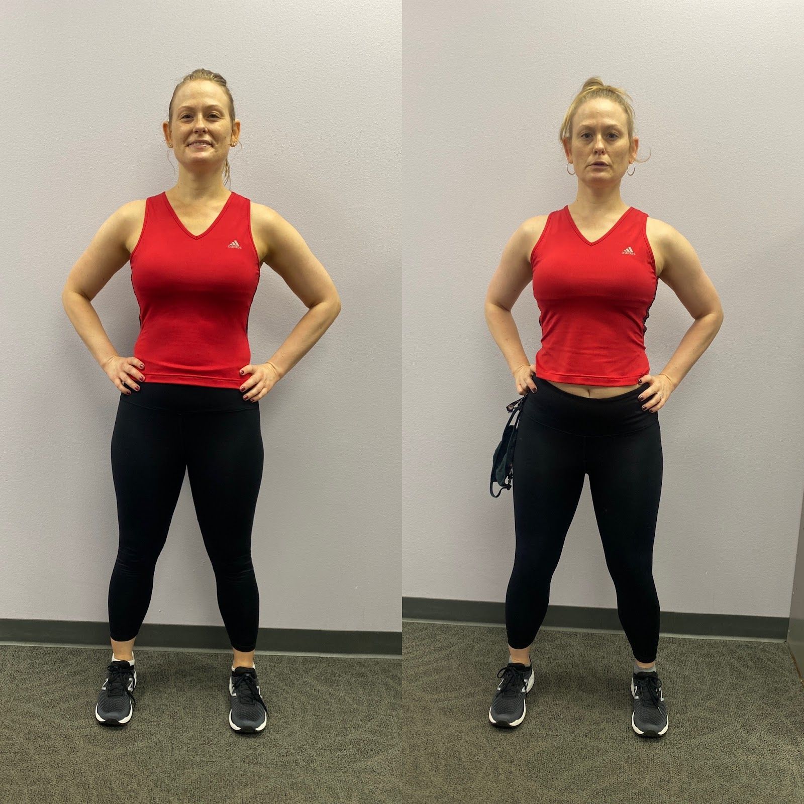 Two pictures of a woman in a red tank top and black pants