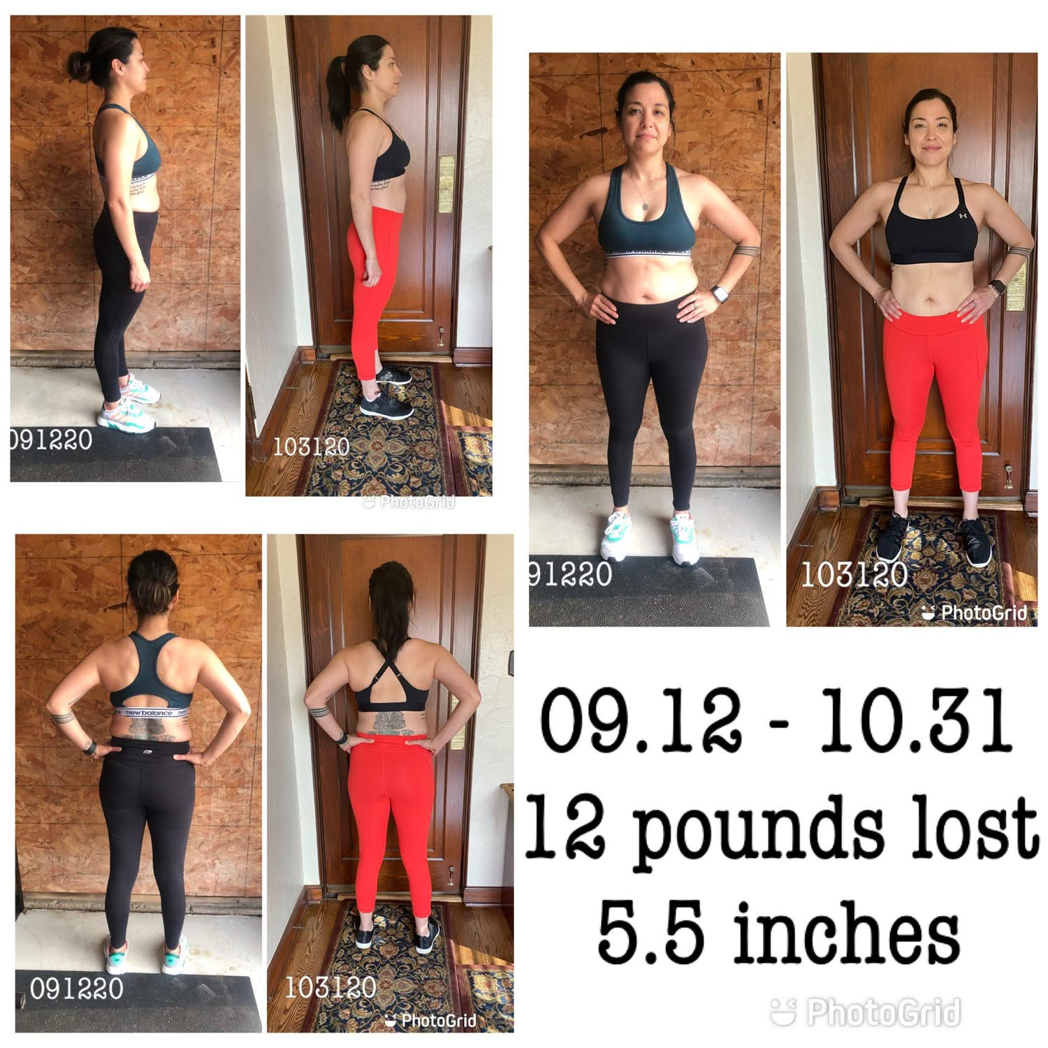 A woman has lost 12 pounds and is standing in front of a door.