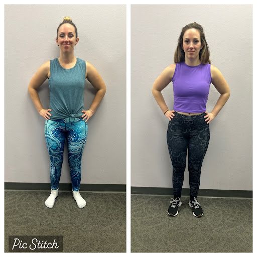 A before and after photo of a woman in a blue tank top and purple crop top.