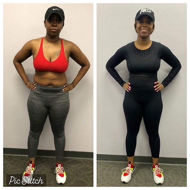 A before and after photo of a woman in a red bra and black pants