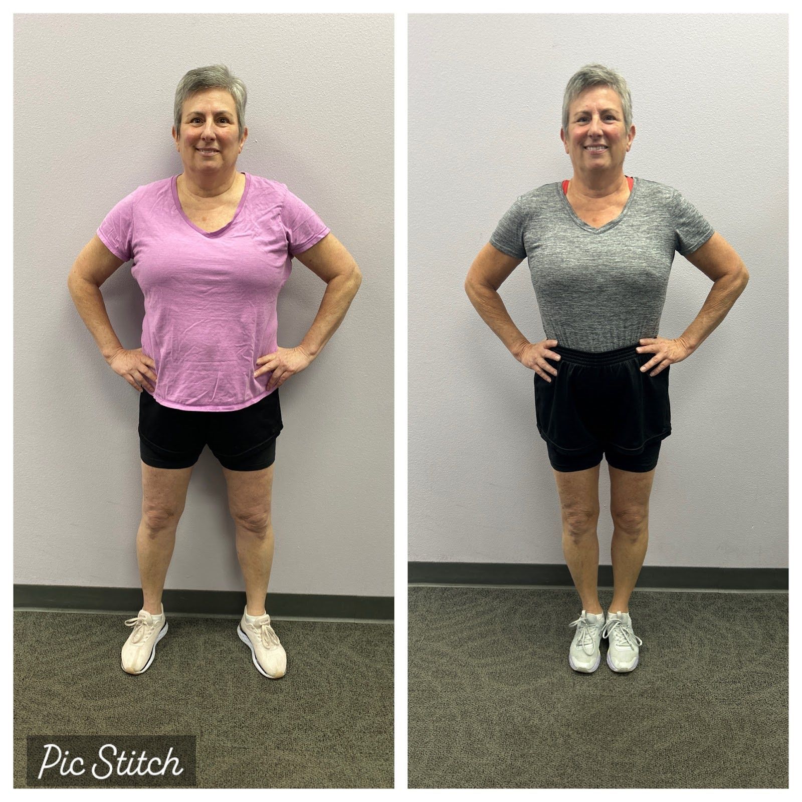 A before and after photo of a woman standing with her hands on her hips.