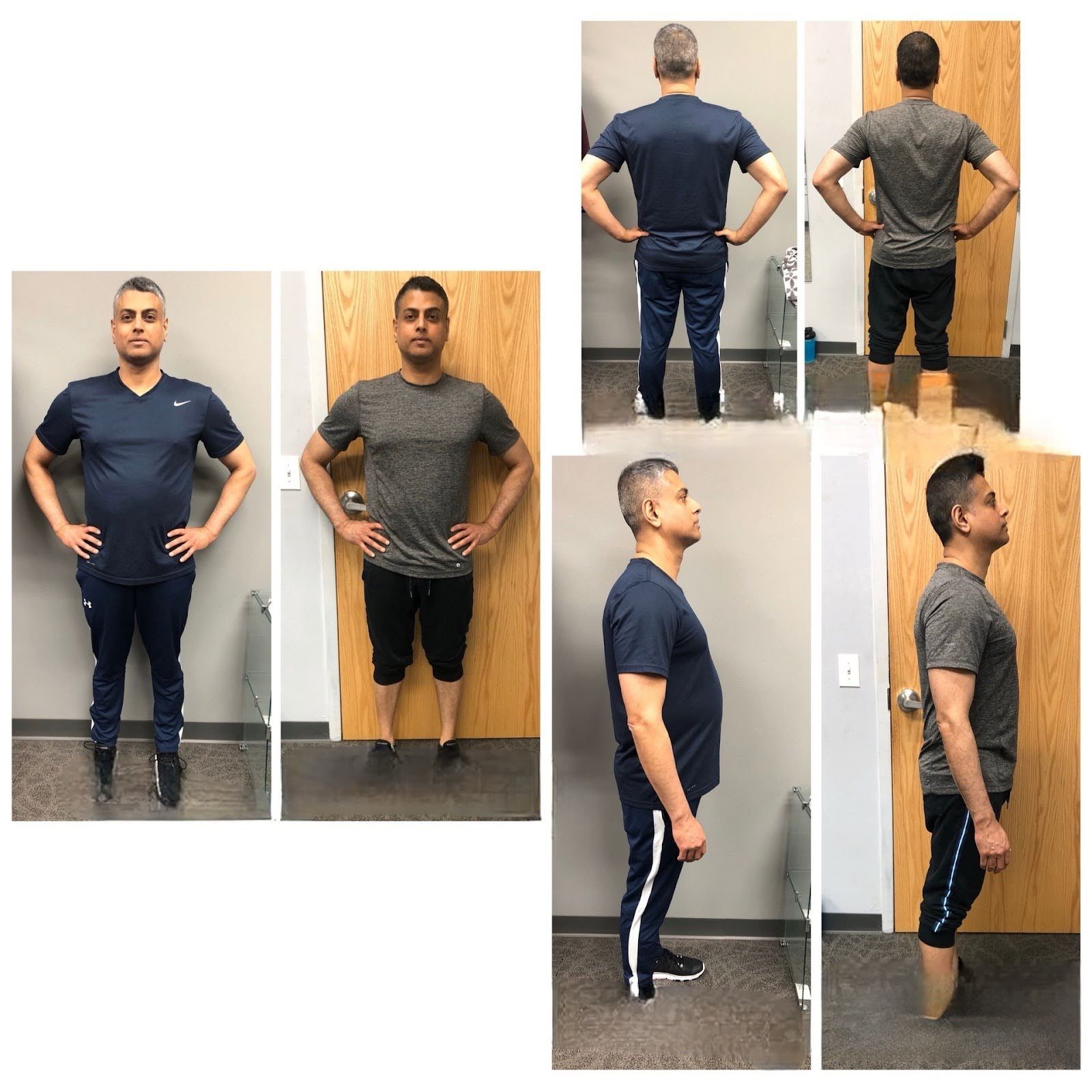 A man is standing in front of a door with his hands on his hips.