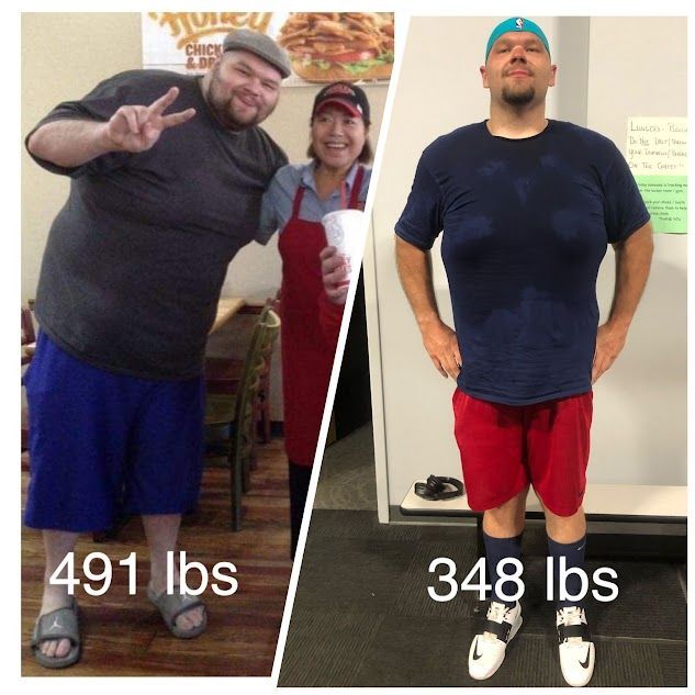 A before and after photo of a man with 491 lbs and 348 lbs