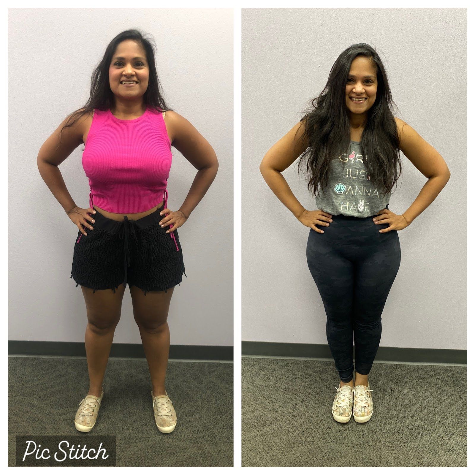 A before and after photo of a woman wearing a pink tank top and black shorts