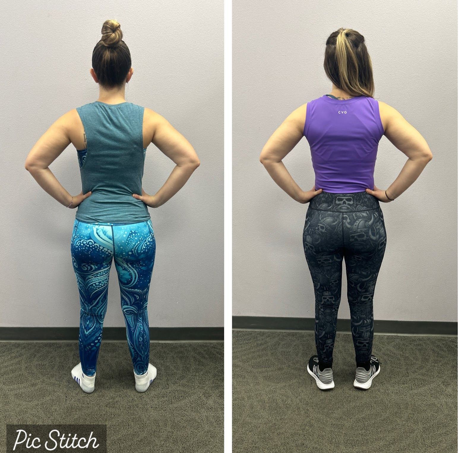 A before and after picture of a woman standing with her hands on her hips