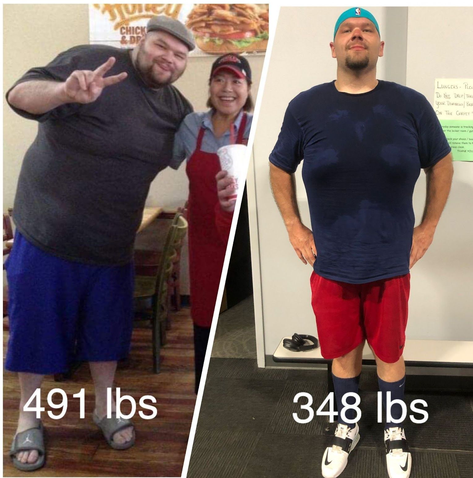 A before and after photo of a man with 491 lbs and 348 lbs